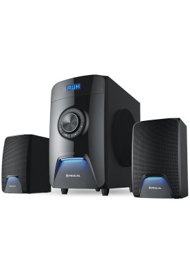 Колонки 2.1 REAL-EL M-570 Black, сателіти 2 x 14 Вт, сабвуфер 30 Вт, МДФ, Bluetooth, FM-тюнер, USB/SD, дисплей, живлення від мережі 220V, керування спереду + пульт ДК