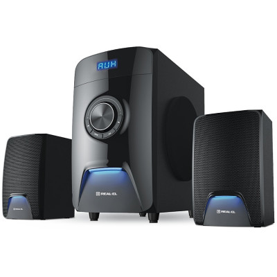 Колонки 2.1 REAL-EL M-570 Black, сателіти 2 x 14 Вт, сабвуфер 30 Вт, МДФ, Bluetooth, FM-тюнер, USB/SD, дисплей, живлення від мережі 220V, керування спереду + пульт ДК