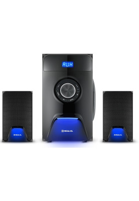 Колонки 2.1 REAL-EL M-570 Black, сателіти 2 x 14 Вт, сабвуфер 30 Вт, МДФ, Bluetooth, FM-тюнер, USB/SD, дисплей, живлення від мережі 220V, керування спереду + пульт ДК