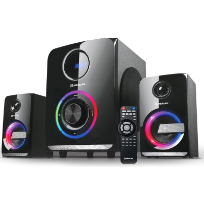 Колонки 2.1 REAL-EL M-580 Black, сателіти 2 x 14 Вт, сабвуфер 30 Вт, МДФ, Bluetooth, FM-тюнер, USB/SD, дисплей, живлення від мережі 220V, керування спереду + пульт ДК