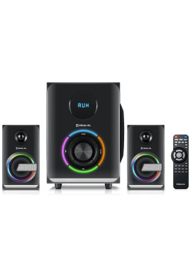 Колонки 2.1 REAL-EL M-580 Black, сателіти 2 x 14 Вт, сабвуфер 30 Вт, МДФ, Bluetooth, FM-тюнер, USB/SD, дисплей, живлення від мережі 220V, керування спереду + пульт ДК