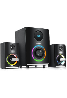 Колонки 2.1 REAL-EL M-580 Black, сателіти 2 x 14 Вт, сабвуфер 30 Вт, МДФ, Bluetooth, FM-тюнер, USB/SD, дисплей, живлення від мережі 220V, керування спереду + пульт ДК