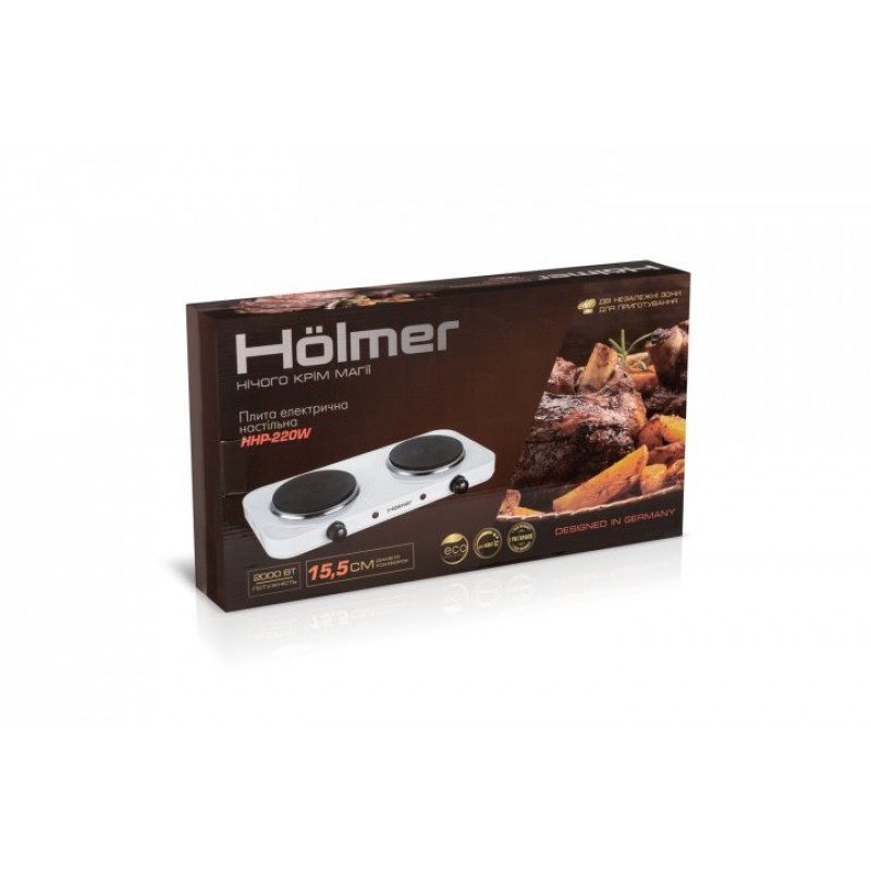 Настільна плита Holmer HHP-220W White, 2000W (1000+1000), 2 конфорки 15,5см, чавун, 5 режимів температури, термостат від перегрівання