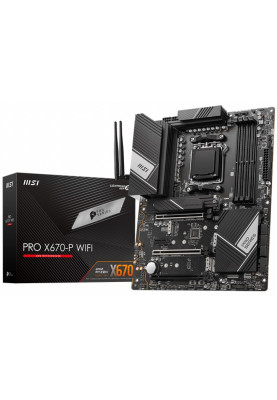 Материнська плата AM5 MSI PRO X670-P WIFI, X670, 4xDDR5, Int.Video(CPU), 6xSATA3, 4xM.2, 3xPCI-E 16x, 1xPCI-E 1x, ALC4080, RTL8125BG, WiFi 6, Bluetooth 5.2, 13xUSB3.2/4xUSB2.0, HDMI/DP/Type-C, ATX