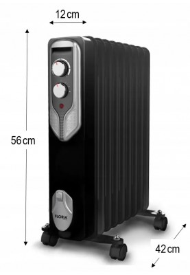 Обігрівач масляний Floria ZLN3659, Black, 2000W, підлоговий, 9 секцій, 3 режими 800/1200/2000Вт, захист від перегріву, термостат