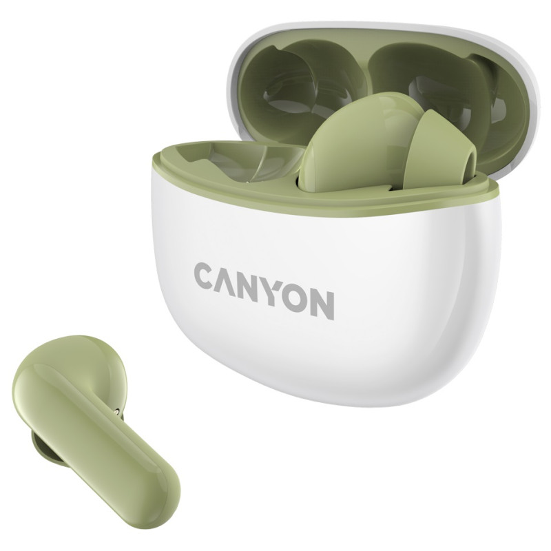 Навушники Canyon TWS-5, Green, бездротові (Bluetooth), мікрофон, зарядний бокс, стереозвук, функція "Handsfree", 40 / 500 mAh (CNS-TWS5GR)