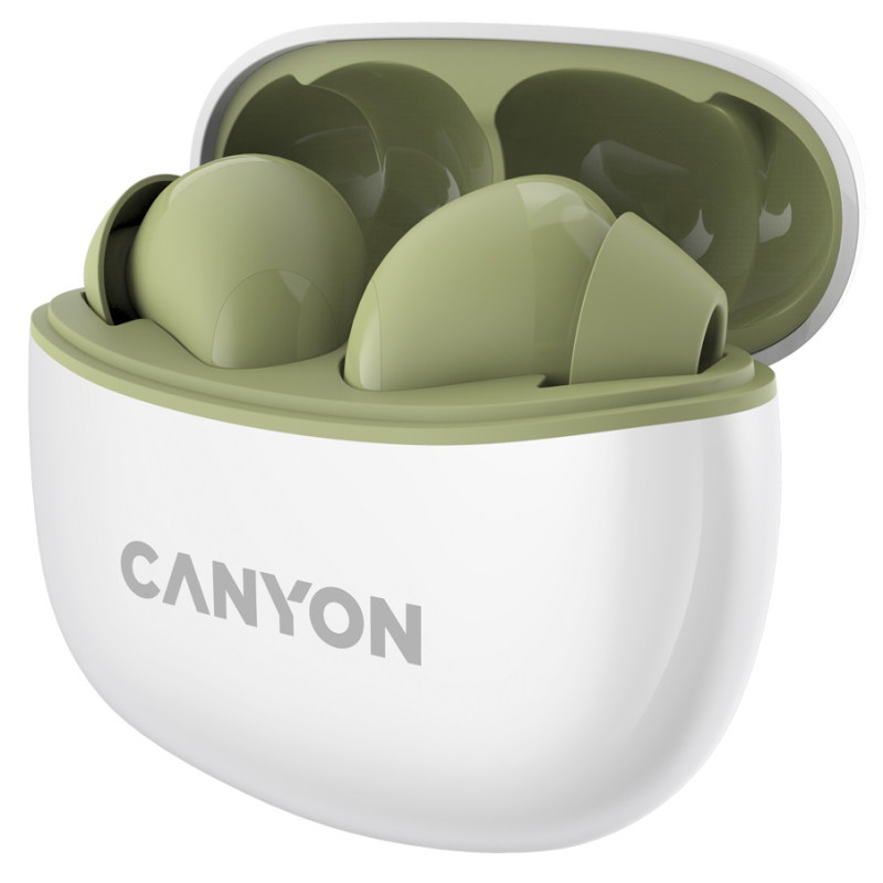 Навушники Canyon TWS-5, Green, бездротові (Bluetooth), мікрофон, зарядний бокс, стереозвук, функція "Handsfree", 40 / 500 mAh (CNS-TWS5GR)