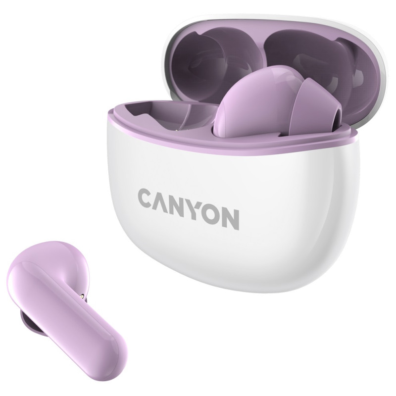 Навушники Canyon TWS-5, Purple, бездротові (Bluetooth), мікрофон, зарядний бокс, стереозвук, функція "Handsfree", 40 / 500 mAh (CNS-TWS5PU)