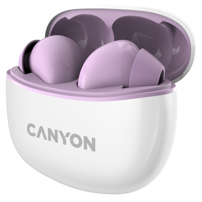 Навушники Canyon TWS-5, Purple, бездротові (Bluetooth), мікрофон, зарядний бокс, стереозвук, функція "Handsfree", 40 / 500 mAh (CNS-TWS5PU)