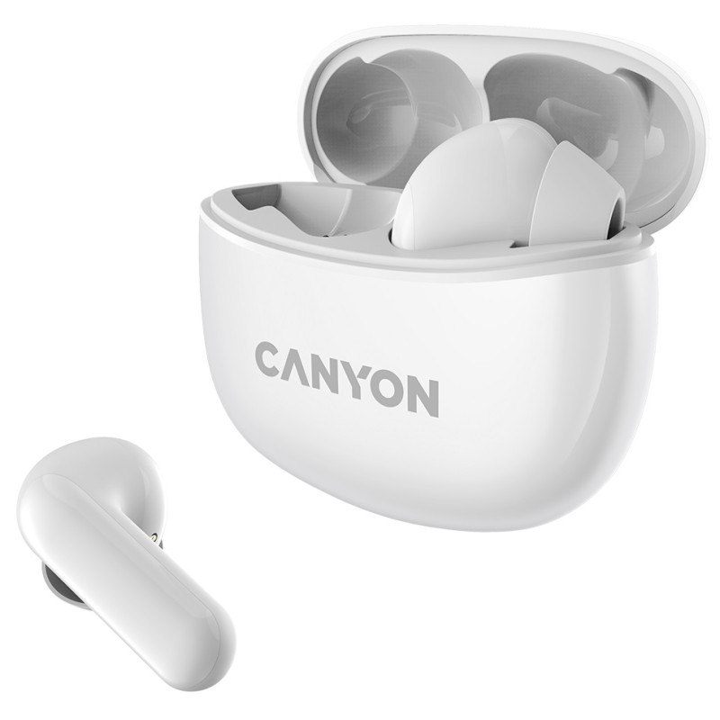 Навушники Canyon TWS-5, White, бездротові (Bluetooth), мікрофон, зарядний бокс, стереозвук, функція "Handsfree", 40 / 500 mAh (CNS-TWS5W)