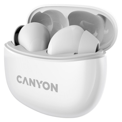 Навушники Canyon TWS-5, White, бездротові (Bluetooth), мікрофон, зарядний бокс, стереозвук, функція "Handsfree", 40 / 500 mAh (CNS-TWS5W)