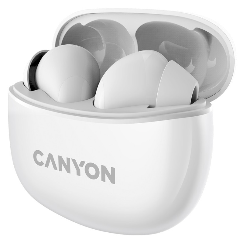 Навушники Canyon TWS-5, White, бездротові (Bluetooth), мікрофон, зарядний бокс, стереозвук, функція "Handsfree", 40 / 500 mAh (CNS-TWS5W)