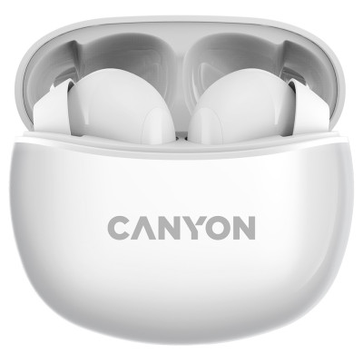 Навушники Canyon TWS-5, White, бездротові (Bluetooth), мікрофон, зарядний бокс, стереозвук, функція "Handsfree", 40 / 500 mAh (CNS-TWS5W)