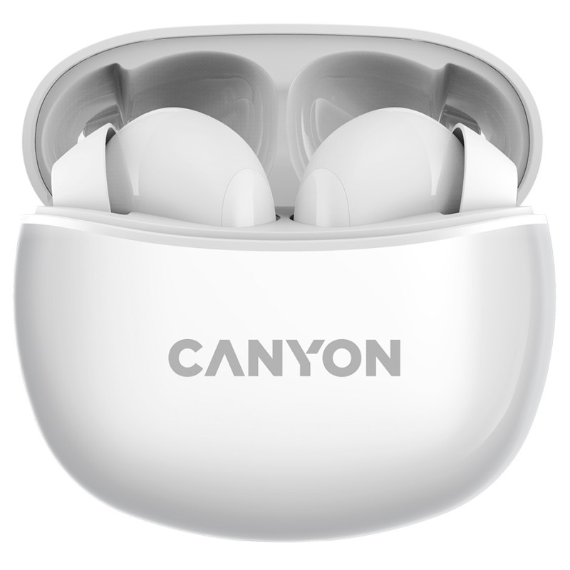 Навушники Canyon TWS-5, White, бездротові (Bluetooth), мікрофон, зарядний бокс, стереозвук, функція "Handsfree", 40 / 500 mAh (CNS-TWS5W)