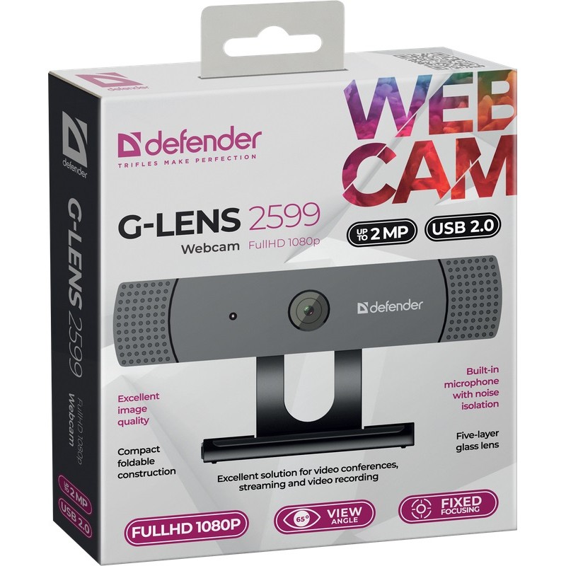 Web камера Defender G-Lens 2599, Black, 2 Mp, 1920x1080/30 fps, мікрофон, кут огляду 65°, універсальне кріплення, USB, 2 м (63199)