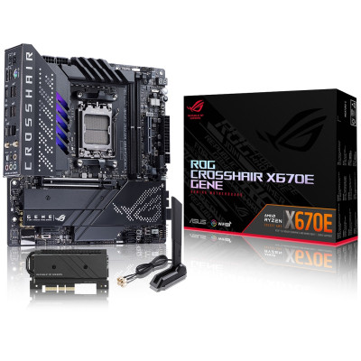 Материнська плата AM5 Asus ROG CROSSHAIR X670E GENE, X670, 2xDDR5, Int.Video (CPU), 4xSATA3, 3xM.2, 1xPCI-E 5.0 16x, 1xPCI-E 4.0 1x, ALC4080, Intel 2.5Gb, WiFi 6, Bluetooth 5.2, 2xUSB4.0/8xUSB3.2/4xUSB2.0, 2xType-C, MicroATX
