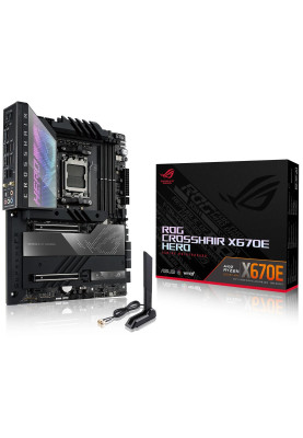 Материнська плата AM5 Asus ROG CROSSHAIR X670E HERO, X670, 4xDDR5, Int.Video (CPU), 4xSATA3, 3xM.2, 2xPCI-E 5.0 16x, 1xPCI-E 4.0 1x, ALC4082, Intel 2.5Gb, WiFi 6, Bluetooth 5.2, 2xUSB4.0/12xUSB3.2/4xUSB2.0, HDMI/2xType-C, ATX