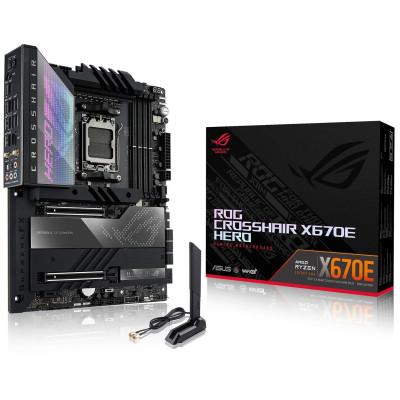Материнська плата AM5 Asus ROG CROSSHAIR X670E HERO, X670, 4xDDR5, Int.Video (CPU), 4xSATA3, 3xM.2, 2xPCI-E 5.0 16x, 1xPCI-E 4.0 1x, ALC4082, Intel 2.5Gb, WiFi 6, Bluetooth 5.2, 2xUSB4.0/12xUSB3.2/4xUSB2.0, HDMI/2xType-C, ATX