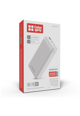 Універсальна мобільна батарея 20000 mAh, ColorWay, 20W, White, Quick Charge 3.0, 3xUSB (Type-C+microUSB), LED индикатор, кабель USB <-> Type C (CW-PB200LPG3WT-PD)