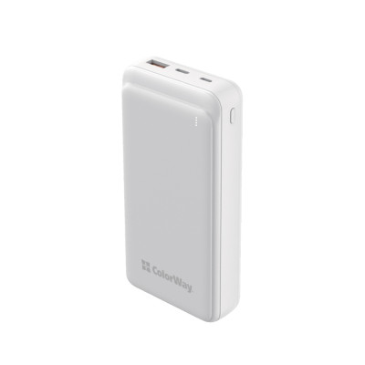 Універсальна мобільна батарея 20000 mAh, ColorWay, 20W, White, Quick Charge 3.0, 3xUSB (Type-C+microUSB), LED индикатор, кабель USB <-> Type C (CW-PB200LPG3WT-PD)