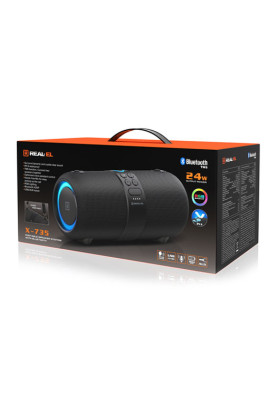 Колонка портативна 2.0 REAL-EL X-735 Black, 2 x 12 Вт, пластиковий корпус, Bluetooth, USB , IPX6, живлення від акумулятора, 3600мА * год, керування зверху