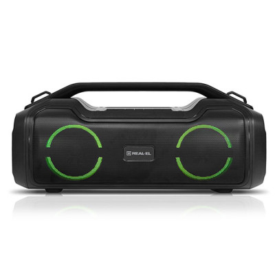 Колонка портативна 2.0 REAL-EL X-747 Black, 2 x 25 Вт, пластиковий корпус, Bluetooth, MicroSD/USB, IPX5, живлення від акумулятора, 2x3600мА * год, керування зверху
