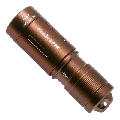 Ліхтар Fenix E02R, Brown, 15-200 лм, до 49 м, ударостійкість 1 м, 2 режими роботи, акумулятор 200 мАг, час роботи 0.5-6.5 год, IP68, 15 г