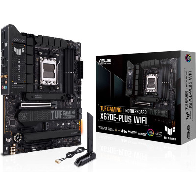 Материнська плата AM5 Asus TUF GAMING X670E-PLUS WIFI, X670, 4xDDR5, Int.Video (CPU), 4xSATA3, 4xM.2, 1xPCI-E 5.0 16x, 1xPCI-E 4.0 16x, 1xPCI-E 4.0 4x, S1220A, Realtek 2.5Gb, WiFi 6, Bluetooth 5.2, 12xUSB3.2/4xUSB2.0, HDMI/DP, ATX