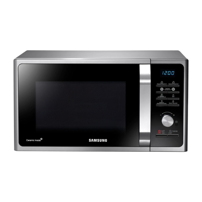 Мікрохвильова піч Samsung MS23F302TAS/UA, Silver, 800W, 23 л, 6 рівнів потужності, керування електронне з поворотним перемикачем, діаметр поворотного столу 28.8 см