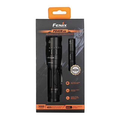 Ліхтар ручний Fenix PD40R V2.0 + Ліхтар ручний Fenix E01 V2.0, 30-3000 лм, до 405 м, 5 режимів роботи, удароміцність 1 м, водонепроникність 2 м, акумулятор 21700, час роботи 2.4-88.1 год, IP68, авіаційний алюміній, 126 г