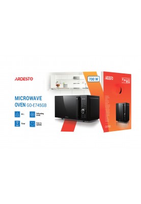 Мікрохвильова піч Ardesto GO-E745GB, Black, 700W, 20 л, звичайна (соло), 5 рівнів потужності, керування електронне, діаметр піддону 24.5 см, таймер, відкриття дверцят ручкою