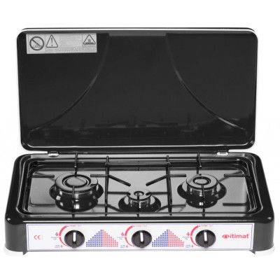 Газова плита настільна (таганок) ITIMAT I-16 Black, 1х940W, 1х1670W, 1х2000W, 3 конфорки, поворотні перемикачі, емальована сталь, з кришкою