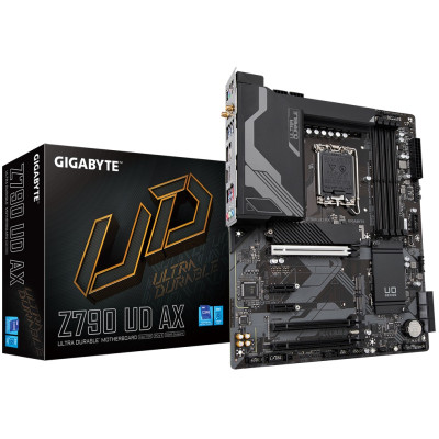 Материнська плата LGA1700, Gigabyte Z790 UD AX, Z790, 4xDDR5, Int.Video(CPU), 6xSATA3, 3xM.2, 1xPCI-E 16x 5.0, 1xPCI-E 16x 4.0, 1xPCI-E 16x 3.0, 2xPCI-E 1x 3.0, Realtek 7.1, Intel 2.5GbE, WiFi 6, Bluetooth 5.3, 9xUSB3.2/8xUSB2.0, HDMI/DP, CrossFire, ATX