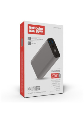 Універсальна мобільна батарея 20000 mAh, ColorWay, Grey, 22.5 Вт, 1xType-C (PD3.0) / 2xUSB (QC4.0), цифровий LED дисплей (CW-PB200LPH3GR-PDD)