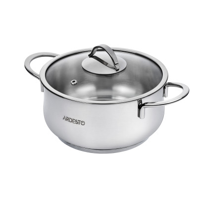 Каструля Ardesto BLACK MARS AR0743S Steel, 4.3л, діаметр 22см, нержавіюча сталь, кришка скляна, підходить для використання з усіма типами плит