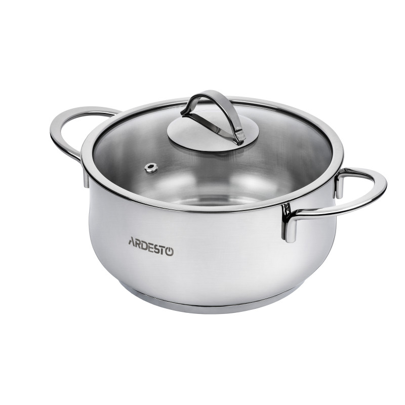 Каструля Ardesto BLACK MARS AR0743S Steel, 4.3л, діаметр 22см, нержавіюча сталь, кришка скляна, підходить для використання з усіма типами плит