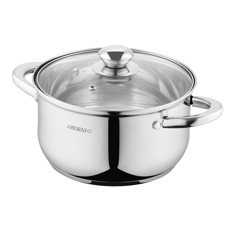 Каструля Ardesto Gemini Gourmet AR1932GSS Steel, 3.2л, діаметр 20см, нержавіюча сталь, кришка в комплекті, підходить для використання з усіма типами плит, мірна шкала