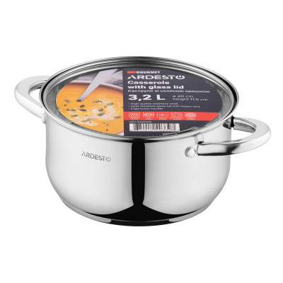 Каструля Ardesto Gemini Gourmet AR1932GSS Steel, 3.2л, діаметр 20см, нержавіюча сталь, кришка в комплекті, підходить для використання з усіма типами плит, мірна шкала