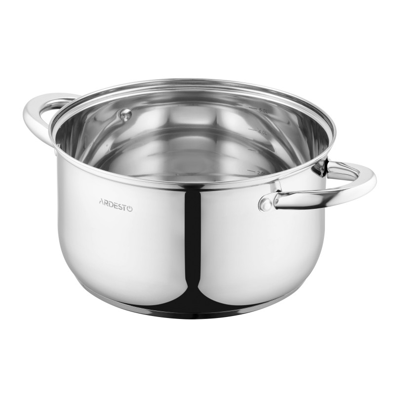Каструля Ardesto Gemini Gourmet AR1958GSS Steel, 5.8л, діаметр 24см, нержавіюча сталь, кришка в комплекті, підходить для використання з усіма типами плит, мірна шкала