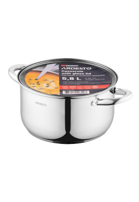 Каструля Ardesto Gemini Gourmet AR1958GSS Steel, 5.8л, діаметр 24см, нержавіюча сталь, кришка в комплекті, підходить для використання з усіма типами плит, мірна шкала