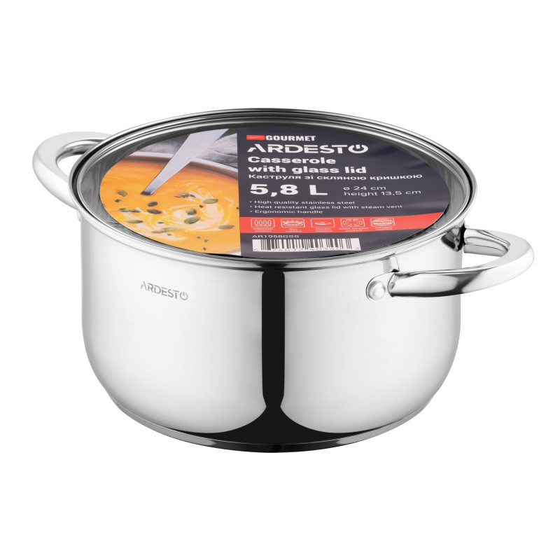 Каструля Ardesto Gemini Gourmet AR1958GSS Steel, 5.8л, діаметр 24см, нержавіюча сталь, кришка в комплекті, підходить для використання з усіма типами плит, мірна шкала