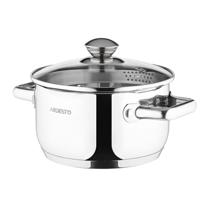 Каструля Ardesto Gemini Lecco AR2825CS Steel, 2.5л, діаметр 18см, зливний носик, нержавіюча сталь, кришка в комплекті, підходить для використання з усіма типами плит, мірна шкала
