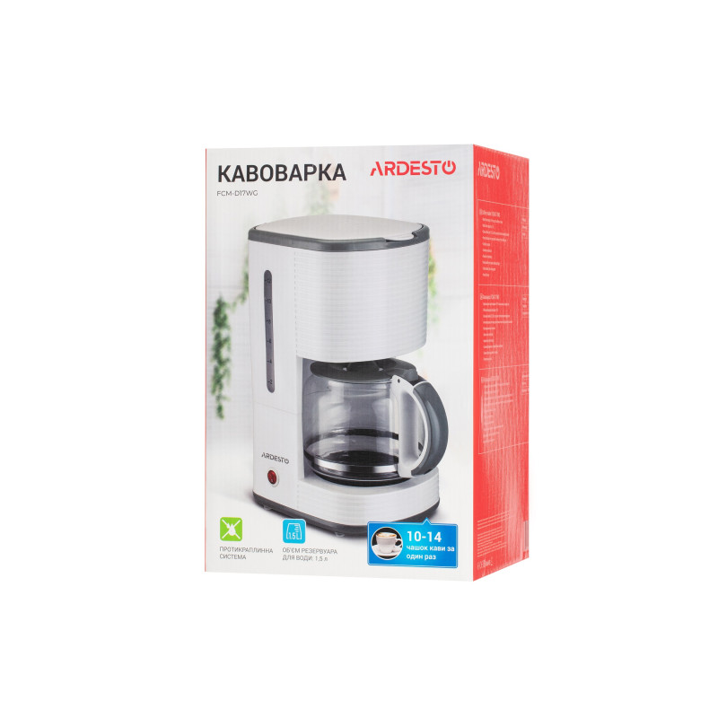 Кавоварка Ardesto FCM-D17WG, White, 1080W, крапельна, резервуар 1.5 л