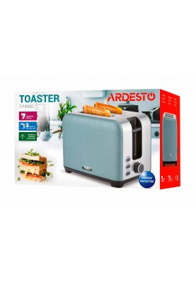 Тостер Ardesto T-F400G, Mint/Steel, 930W, 2 тости, 2 відділення, 7 режимів підсмажування
