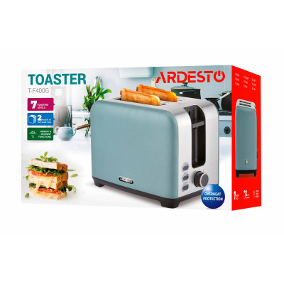 Тостер Ardesto T-F400G, Mint/Steel, 930W, 2 тости, 2 відділення, 7 режимів підсмажування