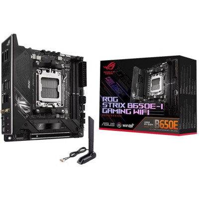 Материнська плата AM5 Asus ROG STRIX B650E-I GAMING WIFI, B650E, 2xDDR5, Int.Video (CPU), 2xSATA3, 2xM.2, 1xPCI-E 5.0 16x, ALC4080, Intel 2.5Gb, WiFi 6E, Bluetooth 5.2, 7xUSB3.2/1*USB3.2 (type C)/5xUSB2.0, HDMI, mini-ITX