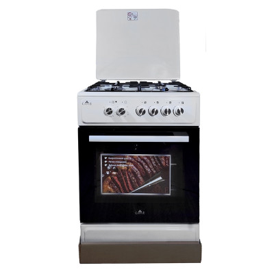 Плита комбінована Castle CPG-60W, White, поворотні перемикачі, 4 газові конфорки, автопідпал інтегрований, решітка металева емальована, електрична духовка з подвійним склом, конвекція, підсвітка, два тени, металева кришка, 60x60x86.5см
