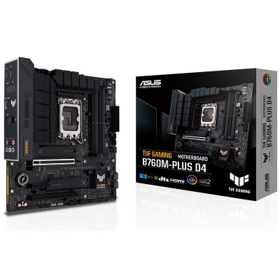Материнська плата LGA1700, Asus TUF GAMING B760M-PLUS D4, B760, 4xDDR4, Int.Video(CPU), 4xSATA3, 2xM.2, 1xPCI-E 16x 5.0, 1xPCI-E 16x 4.0, 1xPCI-E 1x 4.0, Realtek 7.1, Realtek 2.5Gb, 8xUSB3.2/4xUSB2.0, HDMI/DP, MicroATX