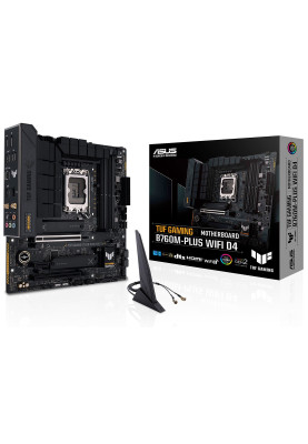 Материнська плата LGA1700, Asus TUF GAMING B760M-PLUS WIFI D4, B760, 4xDDR4, Int.Video(CPU), 4xSATA3, 2xM.2, 1xPCI-E 16x 5.0, 1xPCI-E 16x 4.0, 1xPCI-E 1x 4.0, Realtek 7.1, Realtek 2.5Gb, WiFi 6, Bluetooth 5.2, 8xUSB3.2/4xUSB2.0, HDMI/DP, MicroATX