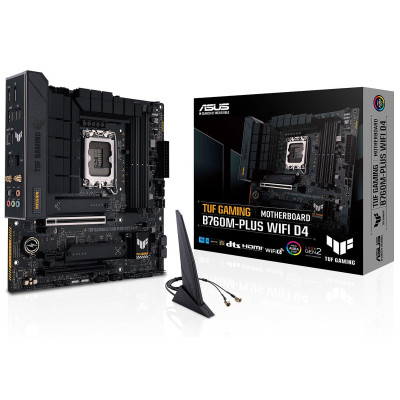 Материнська плата LGA1700, Asus TUF GAMING B760M-PLUS WIFI D4, B760, 4xDDR4, Int.Video(CPU), 4xSATA3, 2xM.2, 1xPCI-E 16x 5.0, 1xPCI-E 16x 4.0, 1xPCI-E 1x 4.0, Realtek 7.1, Realtek 2.5Gb, WiFi 6, Bluetooth 5.2, 8xUSB3.2/4xUSB2.0, HDMI/DP, MicroATX